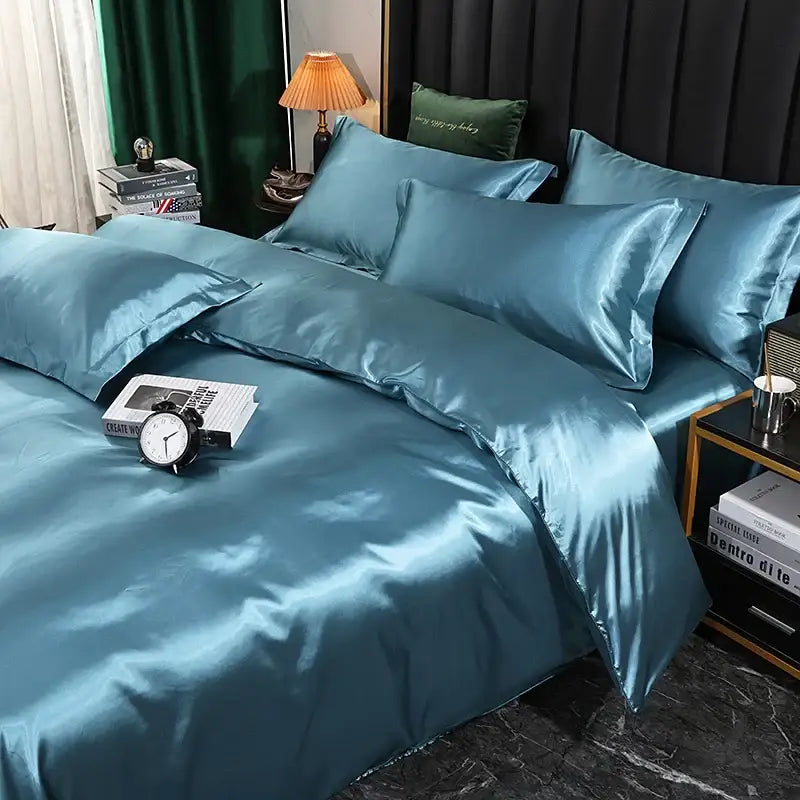 Teal satin duvet cover set with glossy finish and matching pcs duvet cover pillowcases from decorbites luxurious silk bedding set