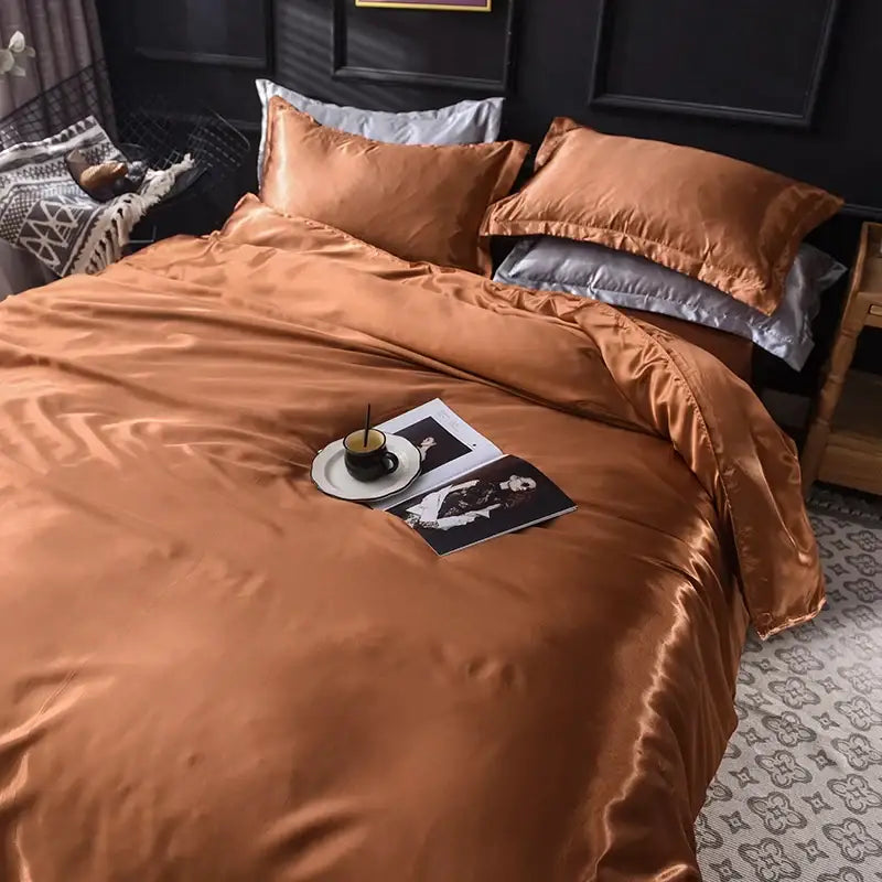 Decorbites luxurious copper satin silk bedding set with duvet cover and matching pillowcases in various sizes