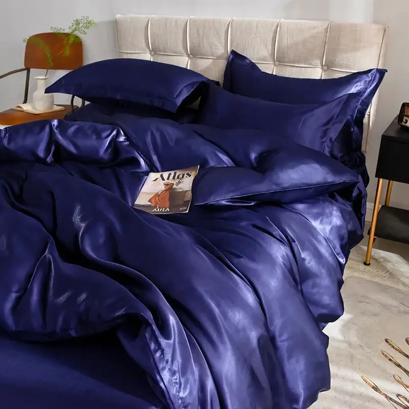Deep navy satin decorbites™ silk bedding set with glossy luxurious finish available in various sizes