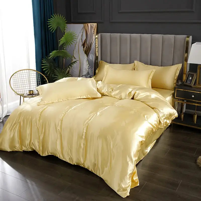 Golden satin decorbites luxurious silk bedding set with matching pcs duvet cover and plush gray headboard for width bed