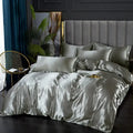 Silk-like silver satin duvet cover bedding set with glossy finish and matching pillows by decorbites™ in various sizes