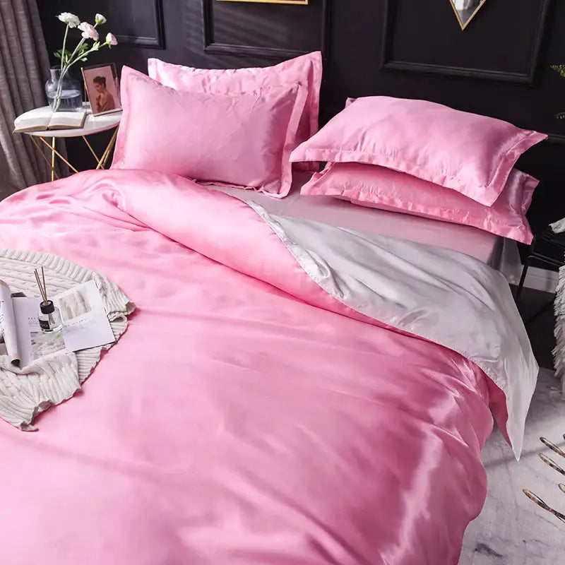 DecorBites luxuriously pink satin silk bedding set with matching pillowcases and silver inner lining