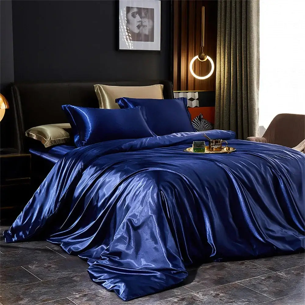 Royal blue satin duvet cover bedding set by DecorBites with matching pcs duvet and glossy luxurious finish