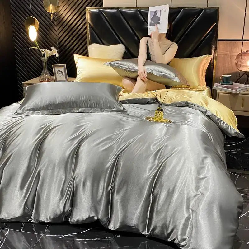 Decorbites luxurious silk 3 pcs duvet cover set in silver satin with gold accents for width bed use