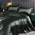 Dark green satin duvet cover from decorbites™ luxurious silk bedding set with smooth mulberry silk texture and folds