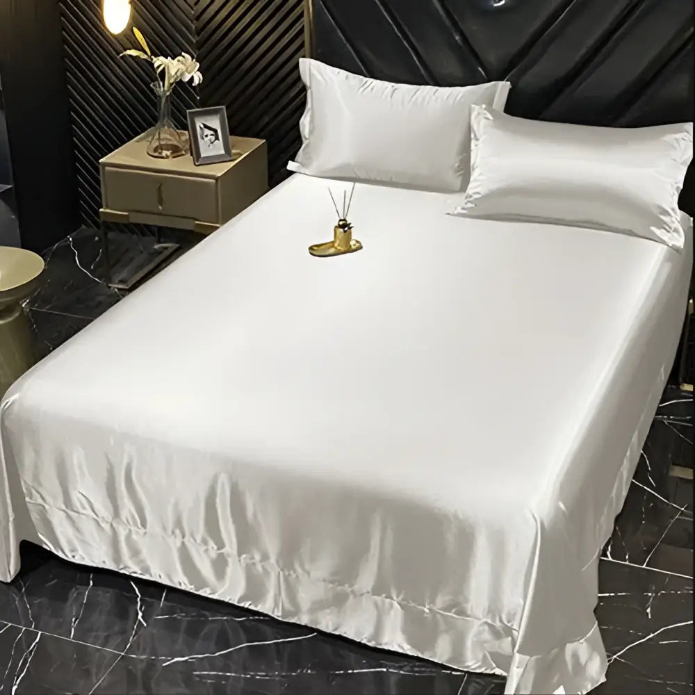 White satin sheet with subtle sheen and ruffled hem from DecorBites™ luxurious silk bedding set pcs duvet cover