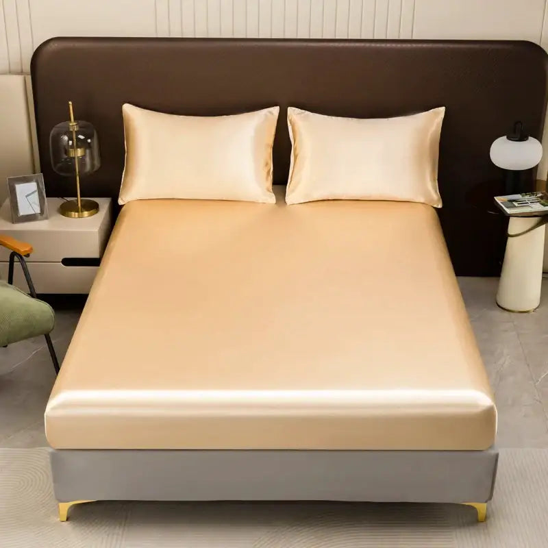 Decorbites™ luxurious cream solid color satin bedding set with smooth glossy finish flat sheet included