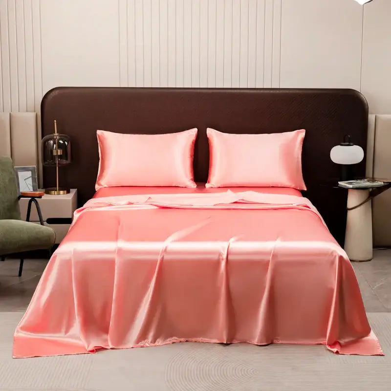 DecorBites™ luxurious solid color pink satin bedding set with matching pillowcases and smooth glossy flat sheet