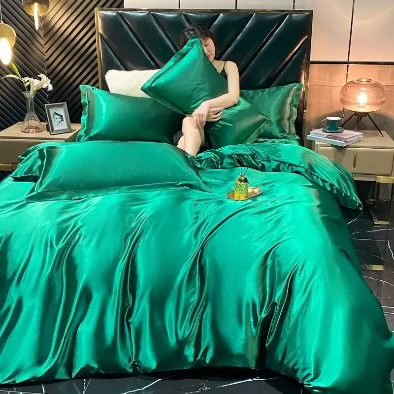 Emerald green satin duvet cover from DecorBites™ luxurious solid rayon silk bedding set with glossy finish