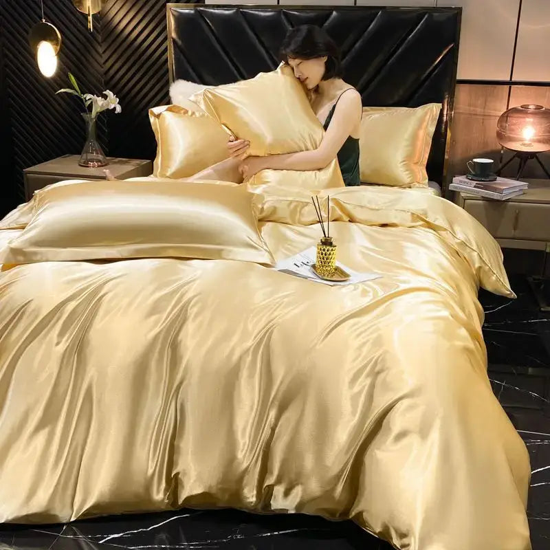 Decorbites luxurious solid rayon silk bedding set with golden satin duvet cover pcs and smooth elegant texture for width bed