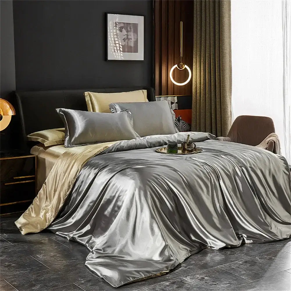 Silver satin pcs duvet cover set with gold trim from decorbites luxurious solid silk bedding in various width bed sizes