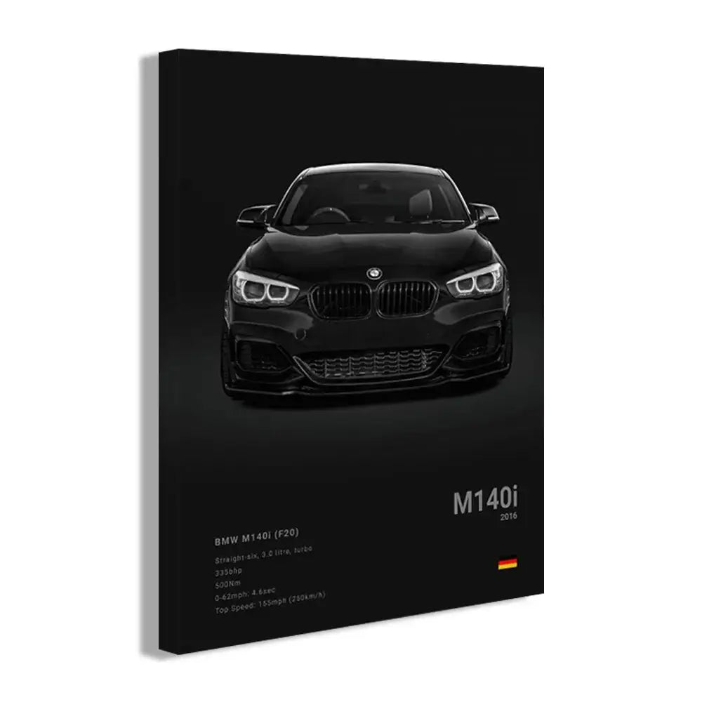 Black bmw m140i 2016 luxury car canvas art print with sleek glossy finish and white specification text for home decor