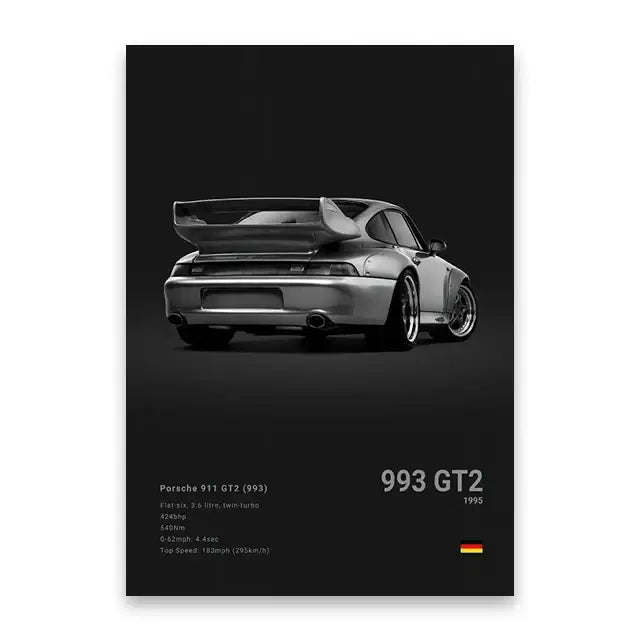 Black and white canvas wall art of a silver porsche 911 gt2 993 with raised rear spoiler by DecorBites luxury car wall art