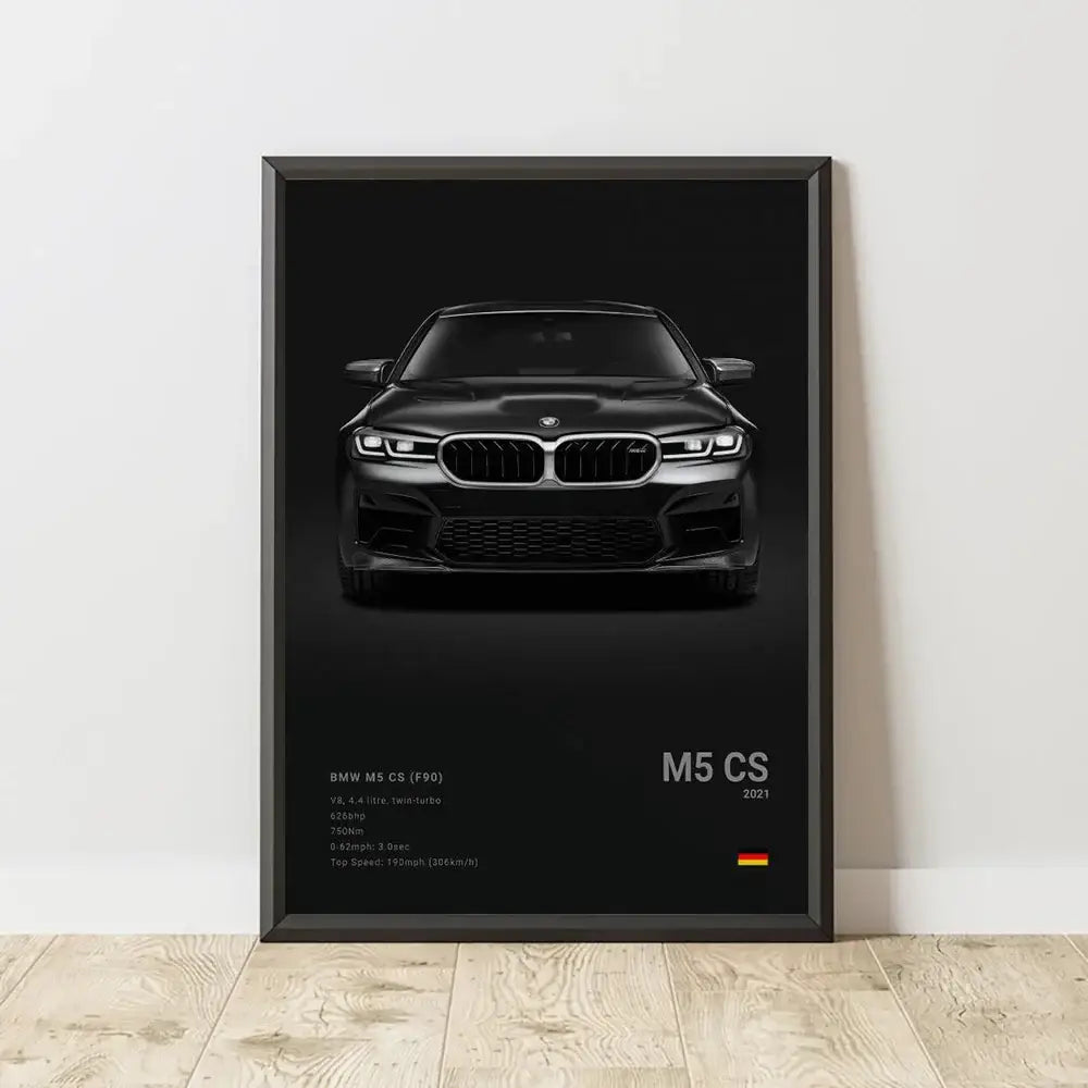 Black framed canvas wall art featuring a matte bmw m5 cs 2021 with signature kidney grille and aggressive front fascia