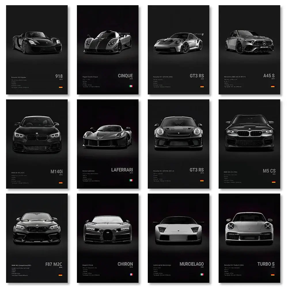 Set of twelve black-and-white luxury sports car canvas wall art featuring Porsche 918, Pagani Huayra Cinque, and Ferrari LaFerrari