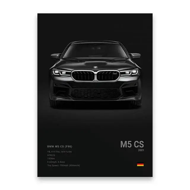 Decorbites luxury car canvas wall art print featuring a black bmw m5 cs front grille and headlights on dark background