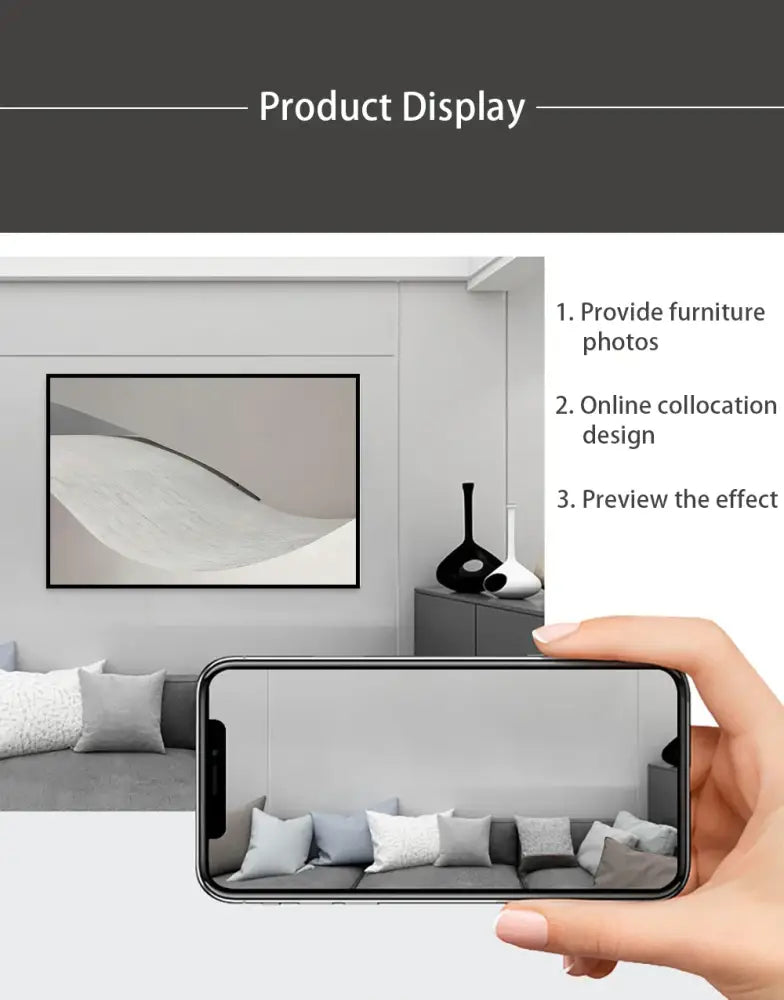 Black-framed DecorBites™ luxury car canvas wall art printmural with flowing white and gray abstract wave patterns