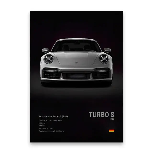 Silver porsche 911 turbo s cars canvas print featuring bold typography and technical specifications for modern home decor