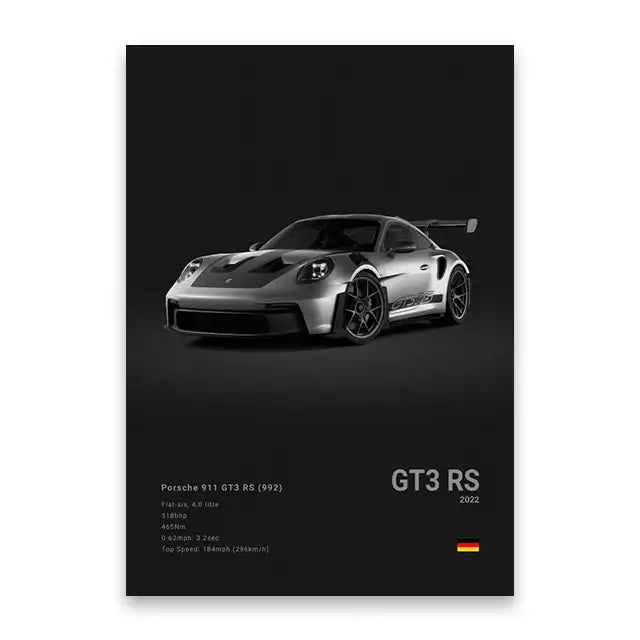 Silver Porsche 911 GT3 RS cars canvas print with black racing stripes for modern home decor by DecorBites Luxury Cars