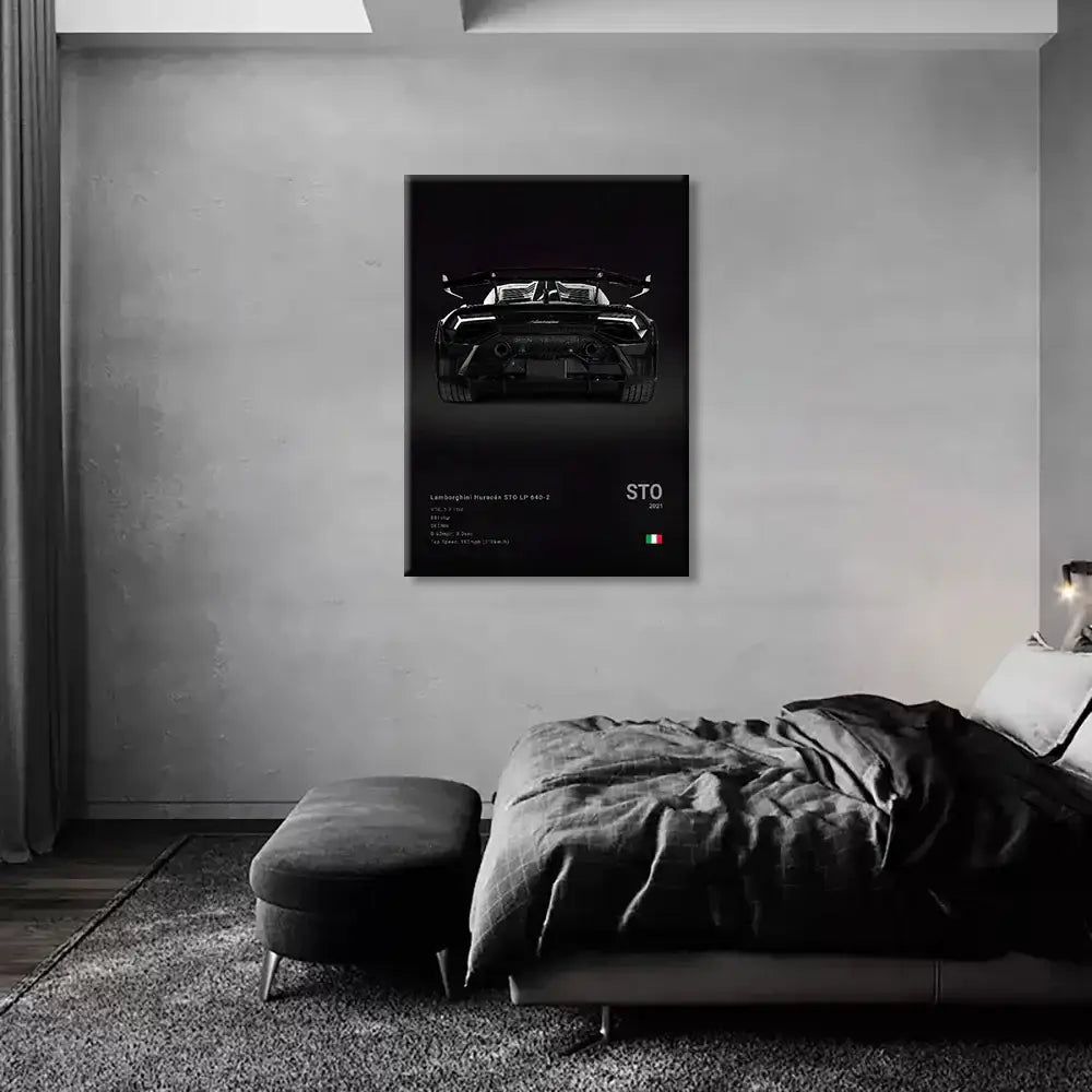 Black framed cars canvas wall featuring monochrome rear view illustration of lamborghini huracán sto 2017 by DecorBites™