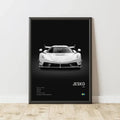 Black-framed canvas wall art featuring a monochrome white koenigsegg jesko hypercar with 2019 specs for modern decor