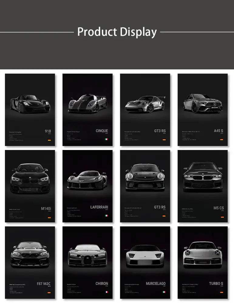 Black and white luxury sports cars canvas wall art print featuring porsche 918 pagani cinque and ferrari laferrari decorbites