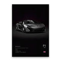 Decorbites luxury cars canvas wall art print featuring a black mclaren p1 with carbon fiber accents and alloy wheels