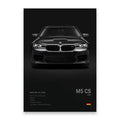 Decorbites luxury cars canvas wall art print featuring a black bmw m5 cs front grille and headlights on dark background