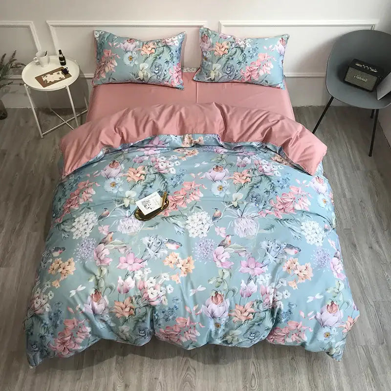 DecorBites luxury egyptian cotton duvet cover set in pastel blue floral with pink accents and satin-like finish includes pillowcases