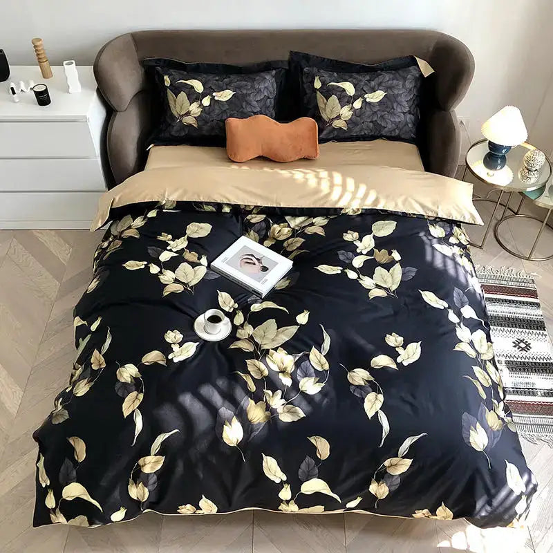 Black satin duvet cover with gold leaf pattern and matching pieces pillowcases 48 74cm from decorbites luxury set