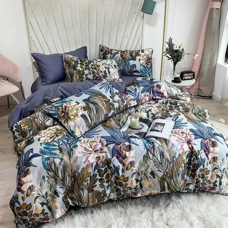 The decorbites luxury egyptian cotton duvet cover with flamingo leaf pattern features pastel florals on light gray background