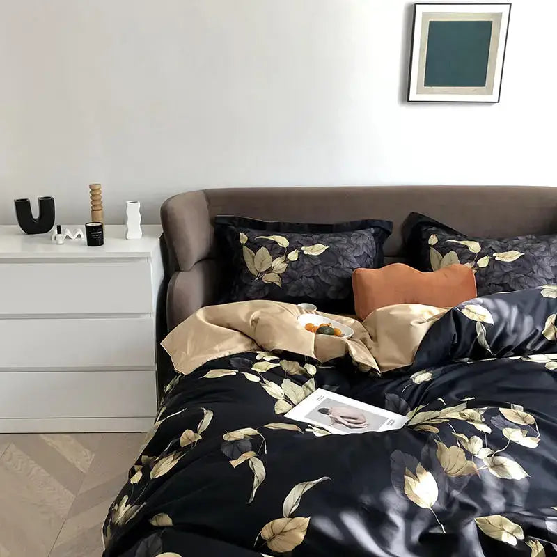 Black satin duvet cover with gold leaf pattern from decorator bites luxury egyptian cotton bedding set with pillowcases