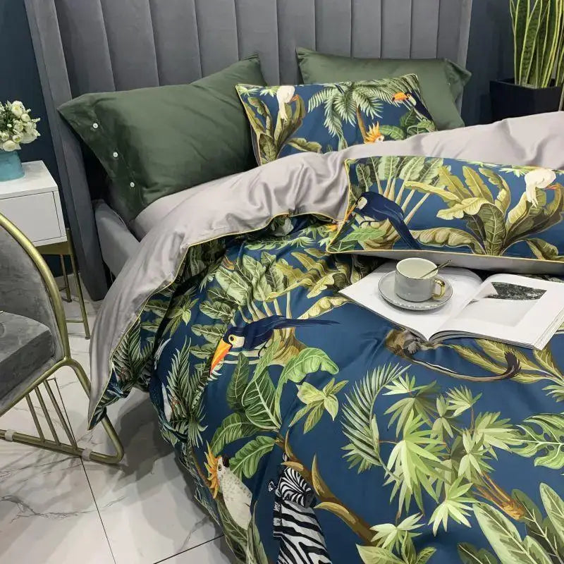 Decorbites luxury egyptian cotton duvet cover with blue tropical leaves and toucans satin finish and matching pillowcases
