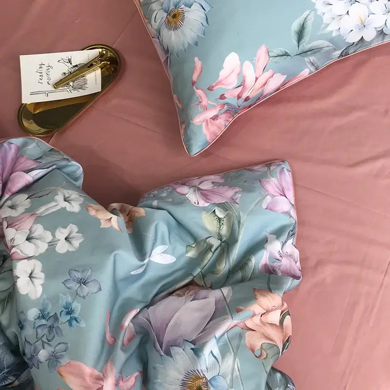 Decorbites luxury egyptian cotton duvet cover set in soft blue with pink white and purple floral pillowcases