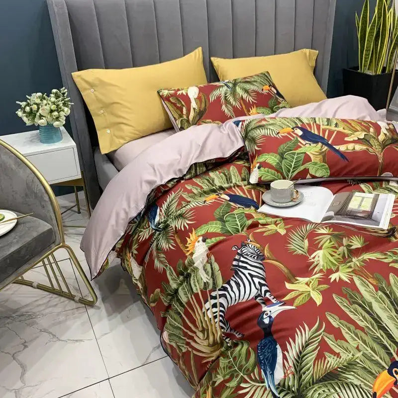 Decorbites luxury egyptian cotton duvet cover set with red tropical foliage blue toucans zebra design pieces pillowcases
