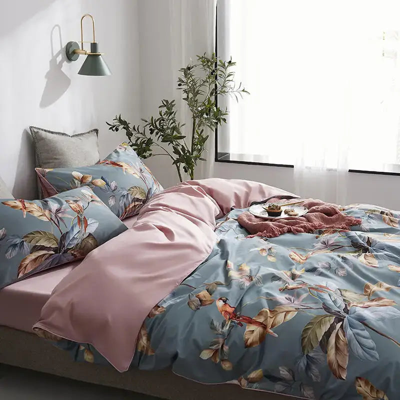 Blue floral duvet cover set with pink satin-like inner lining and matching pieces pillowcases by decorbites™ luxury egyptian cotton