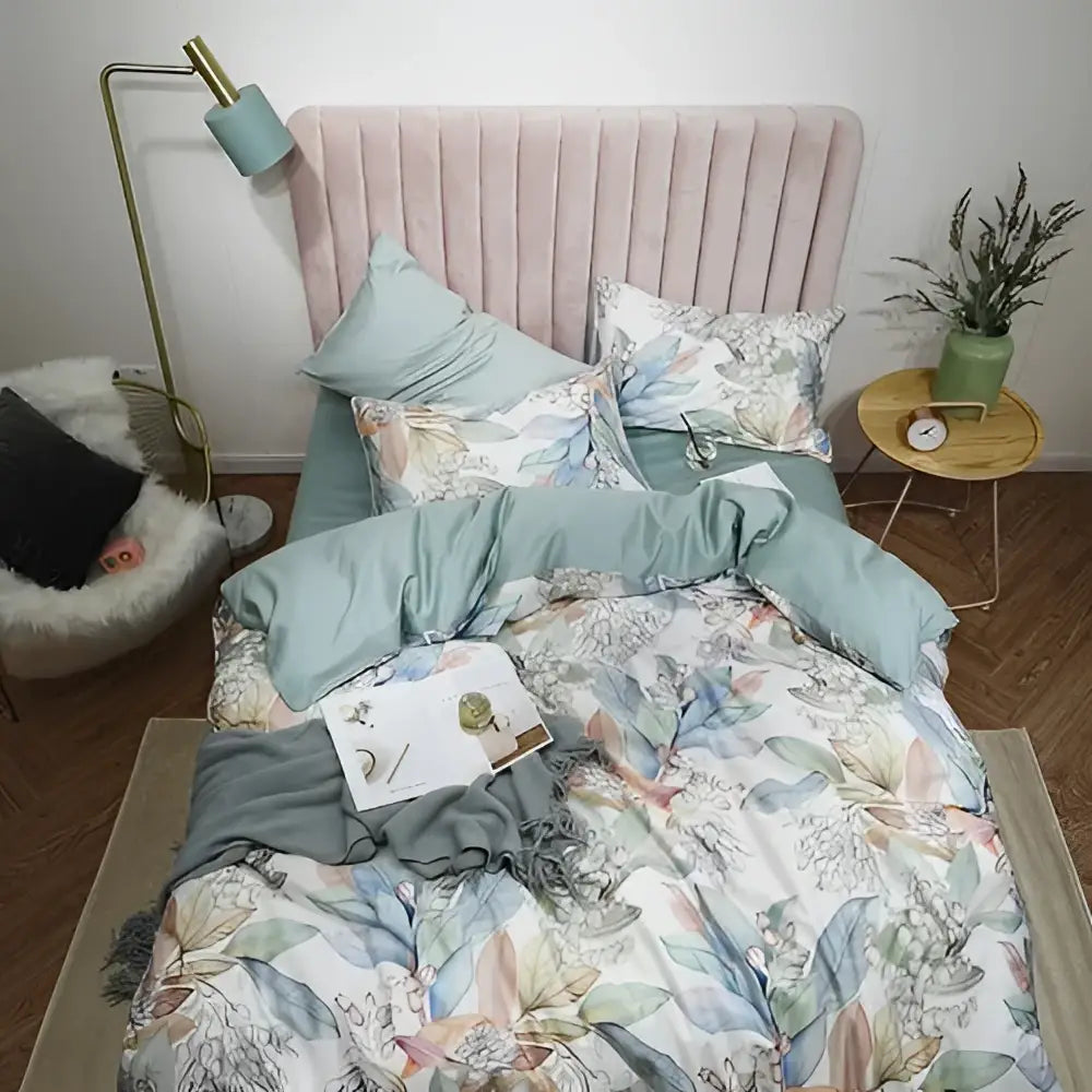 DecorBites luxury Egyptian cotton duvet cover set in pastel green and white floral with soft satin-like fabric and pillowcases