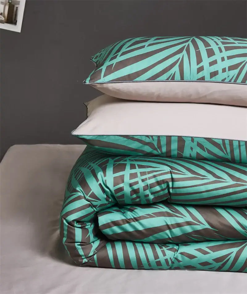 Stacked decorbites™ luxury flamingo leaf bedding set queen king size with quilt duvet cover and two pieces pillowcases in teal and dark gray satin-like fabric