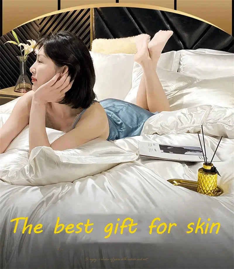 Decorbites™ luxury mulberry silk bedding set queen king size white satin duvet cover with smooth glossy finish