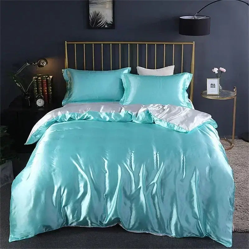 Decorbites luxury queen king size turquoise satin duvet cover bedding set with subtle silver trim mulberry silk material