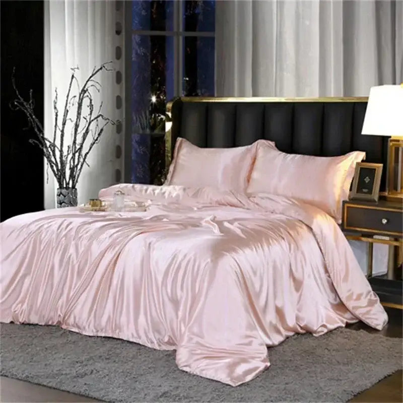 DecorBites™ luxury mulberry silk bedding set queen king size with pink satin duvet cover and smooth glossy finish