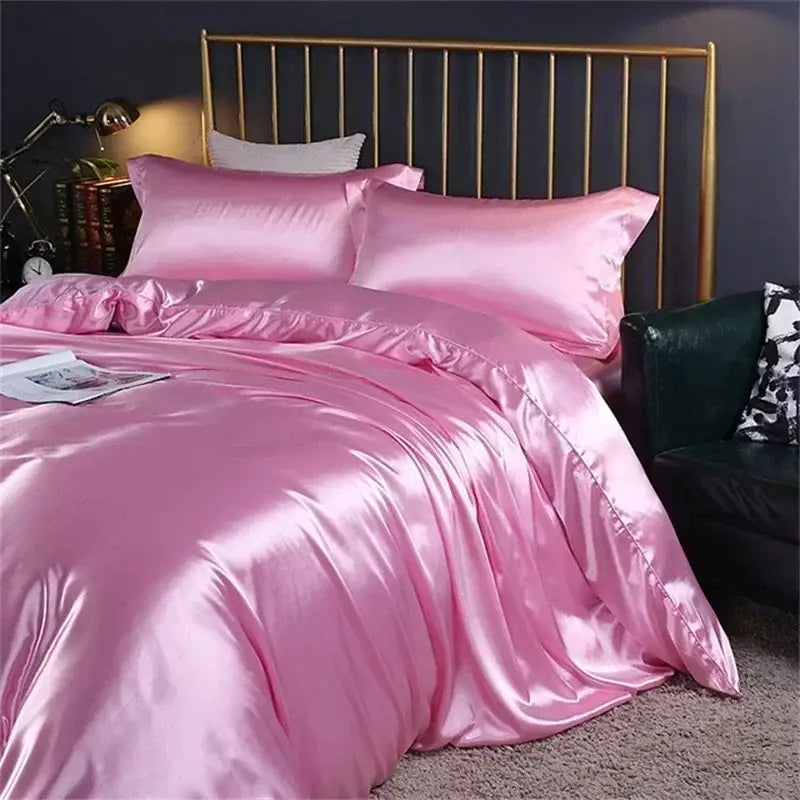 Pink satin duvet cover and pillowcases in DecorBites™ luxury mulberry silk bedding set queen king size with glossy finish