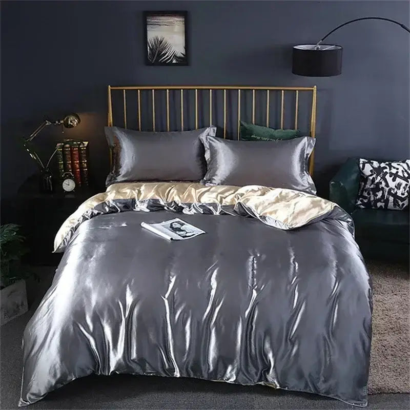 DecorBites™ luxury mulberry silk bedding set with shiny silver satin duvet cover and contrasting gold inner lining