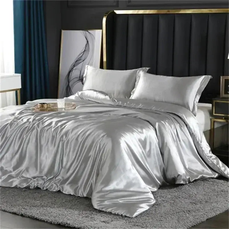 Decorbites luxury mulberry silk duvet cover bedding set queen king size in silver satin with smooth texture and sheen