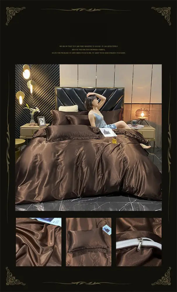 Rich chocolate brown decorbites™ luxury mulberry silk bedding set with duvet cover featuring a glossy satin finish