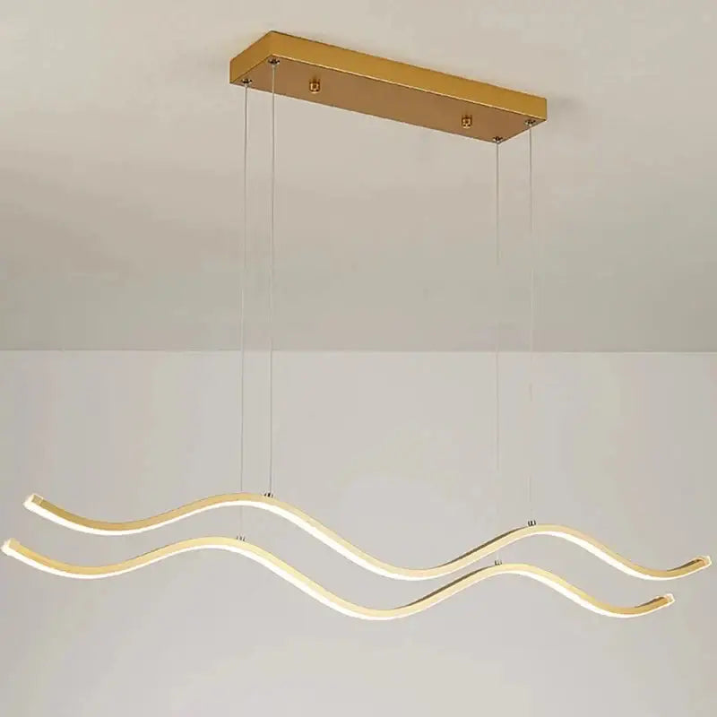 Modern gold-finished rectangular pendant light with two wave-shaped led arms for luxury nordic chandeliers dining room lighting