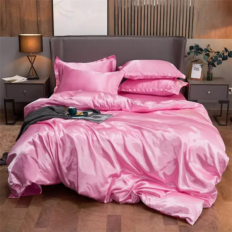 Decorbites luxury rayon satin pink bedding set with matching pillows and pcduvet cover for twin to king width bed