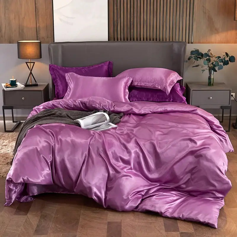 Decorbites luxury solid color purple satin bedding set with glossy finish and matching pillows for width bed pcduvet cover