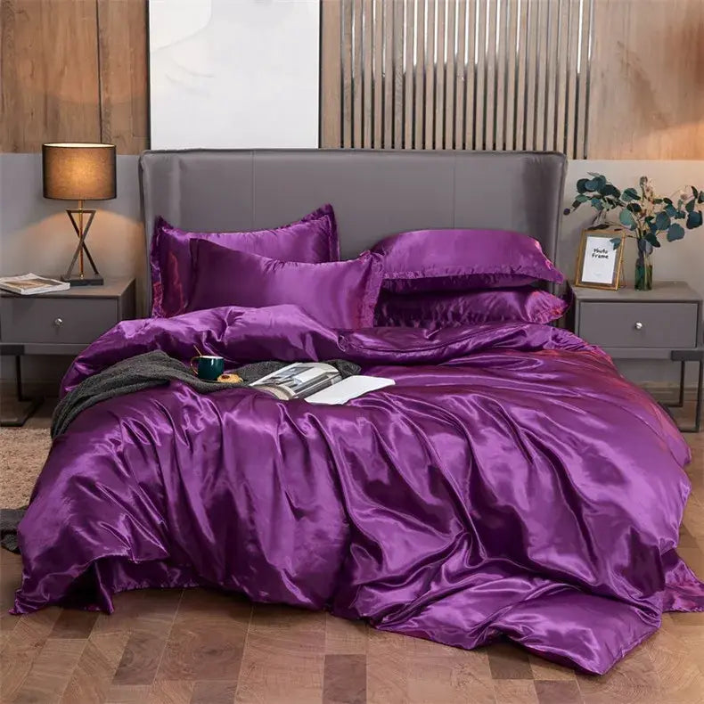 Decorbites™ luxury solid color satin bedding set in lustrous purple with matching pillows and pcduvet cover for width bed sizes