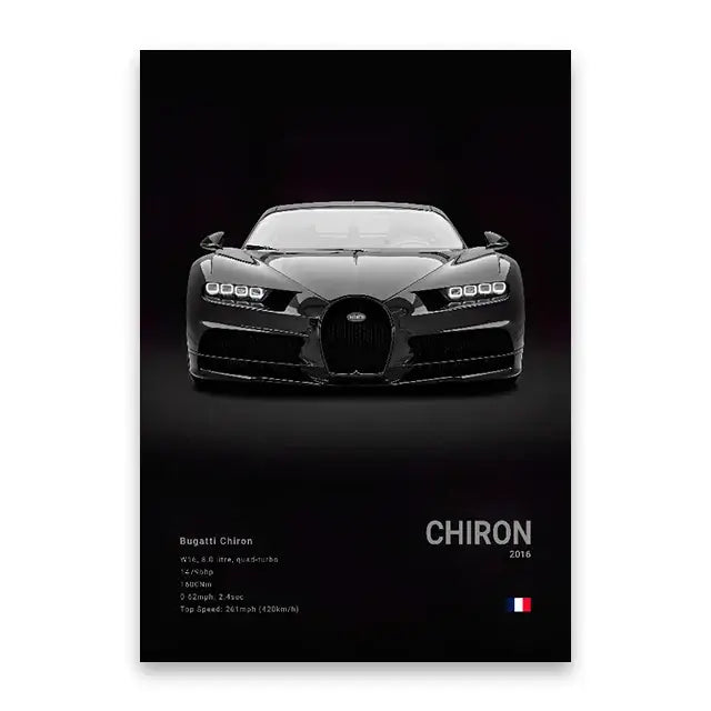 Black and white canvas wall art of a 2016 bugatti chiron featuring sleek design and iconic grille by decorbites luxury sports car